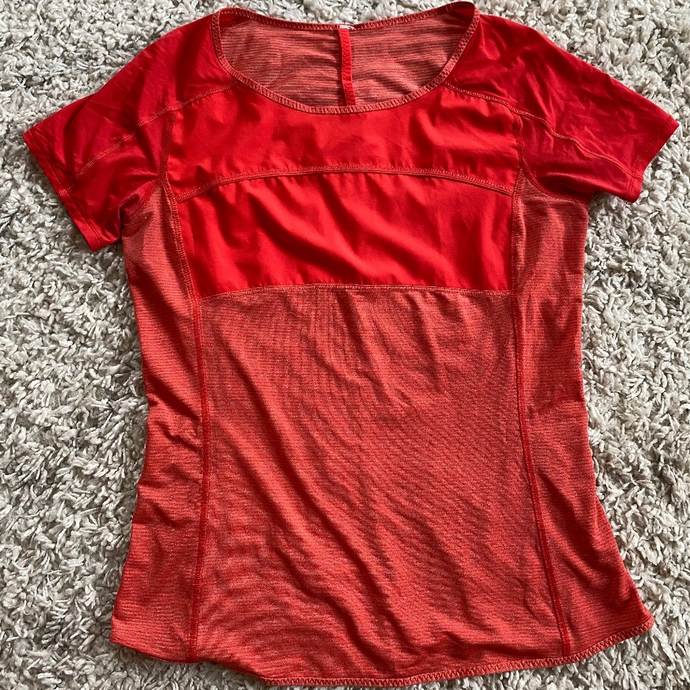 lululemon Swifly Tech Cooling Yoga Shirt Orange Open Back Keyhole Stripe Medium